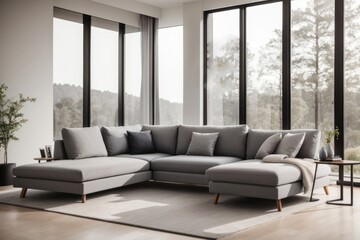 scandinavian interior home design of modern living room with gray sofas and large windows with forest views