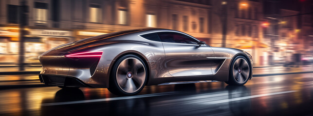 A modern luxury car at high speed drives through the streets on a blurred background of the evening city.