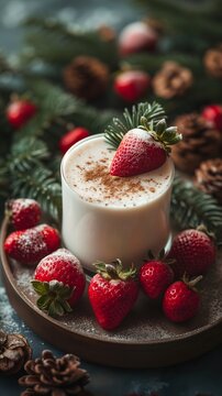 Milk Smoothie with Strawberry ,Cinnamon, Berries, and Coffee in a Festive Glass, topped with Fresh Cream and a Strawberry, background Cozy Christmas