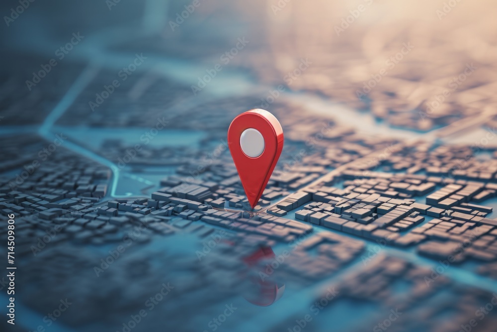 Poster a 3d map with a red location pin in a stylized city grid.