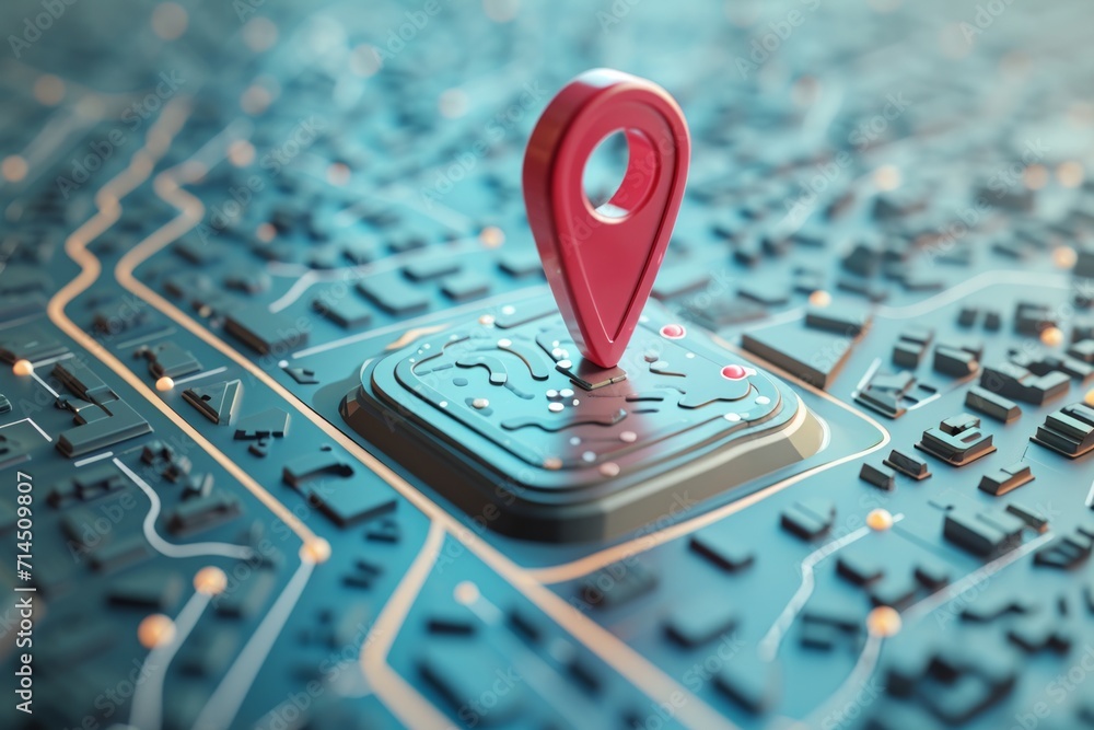 Poster a 3d map with a red location pin in a stylized city grid.