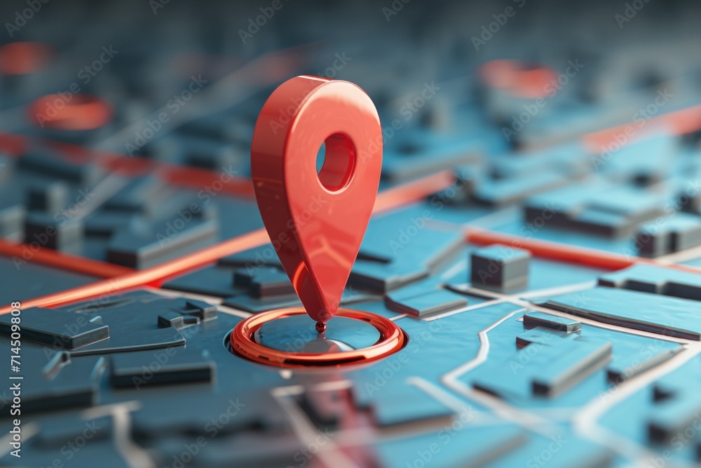 Poster a 3d map with a red location pin in a stylized city grid.
