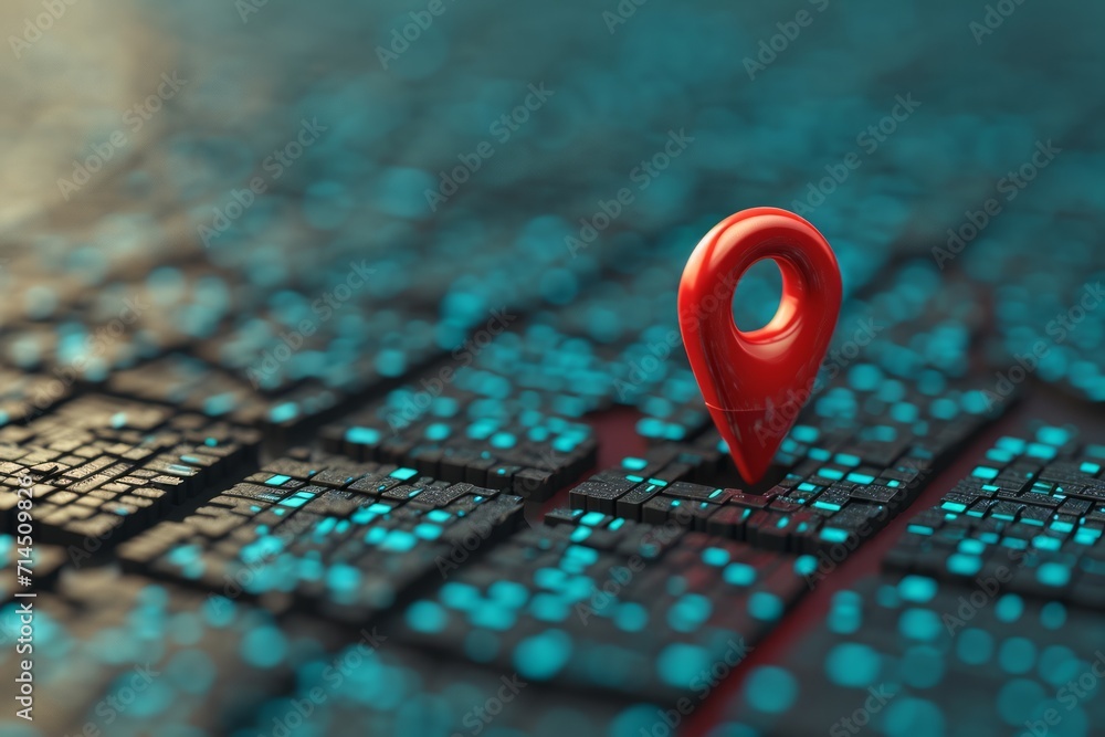 Poster a 3d map with a red location pin in a stylized city grid.