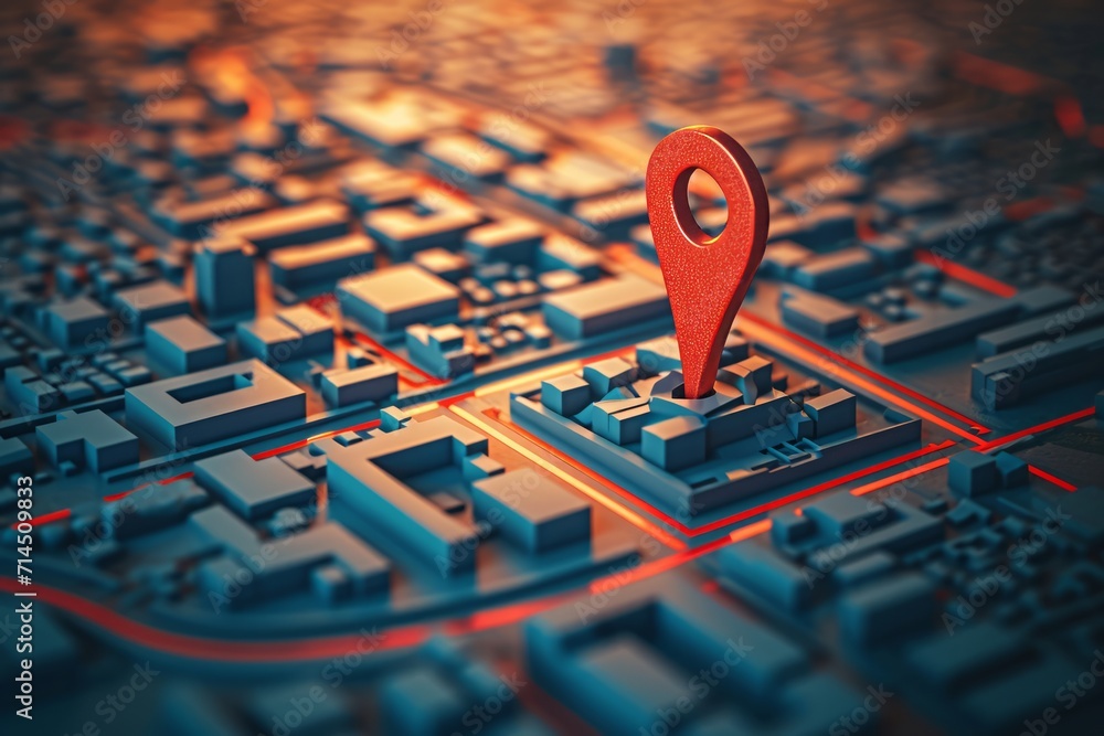 Poster a 3d map with a red location pin in a stylized city grid.