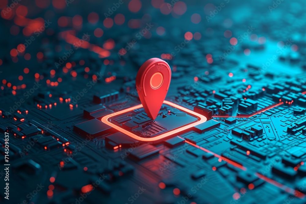 Poster a 3d map with a red location pin in a stylized city grid.