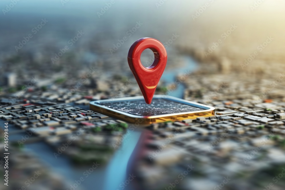 Poster a 3d map with a red location pin in a stylized city grid.
