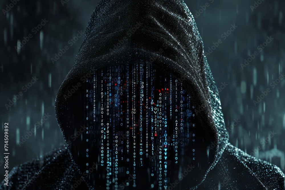 Poster a hooded figure with a digital code covered face, evoking themes of cybersecurity and anonymity.