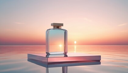 Transparent perfume bottle on a background of water - obrazy, fototapety, plakaty