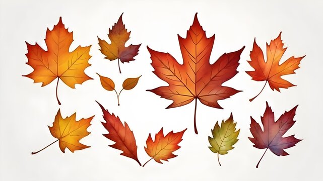 Set of autumn leaves (maple, wild grapes, elm, linden, oak, chestnut tree, rowan, pear) isolated on white