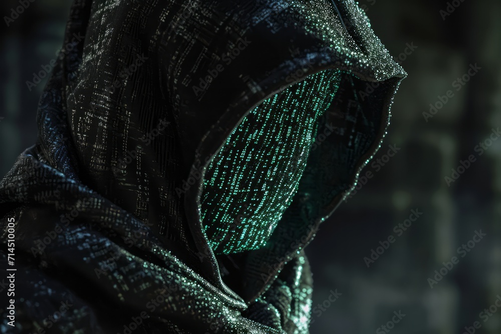 Poster a hooded figure with a digital code covered face, evoking themes of cybersecurity and anonymity.