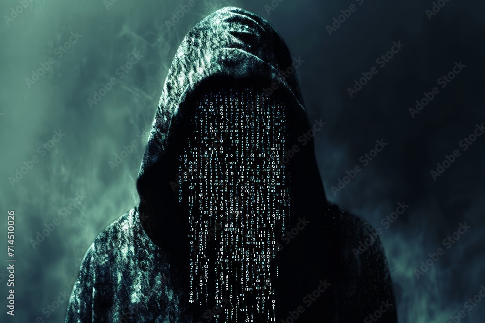 Poster a hooded figure with a digital code covered face, evoking themes of cybersecurity and anonymity.