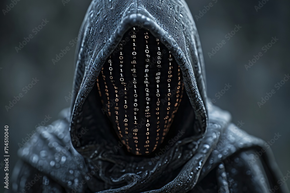 Poster a hooded figure with a digital code covered face, evoking themes of cybersecurity and anonymity.