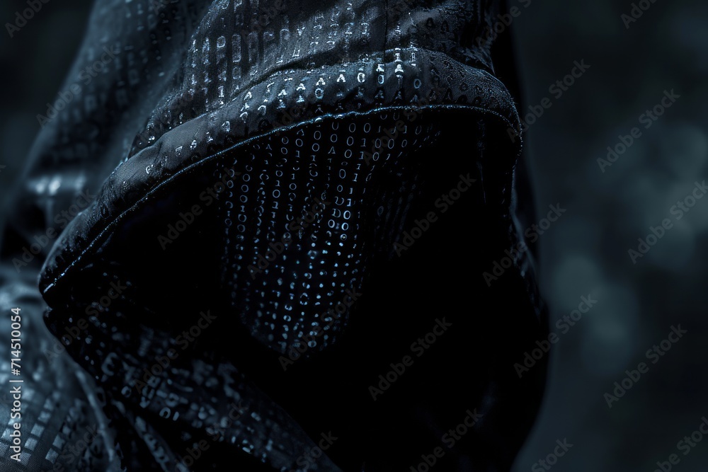 Poster a hooded figure with a digital code covered face, evoking themes of cybersecurity and anonymity.
