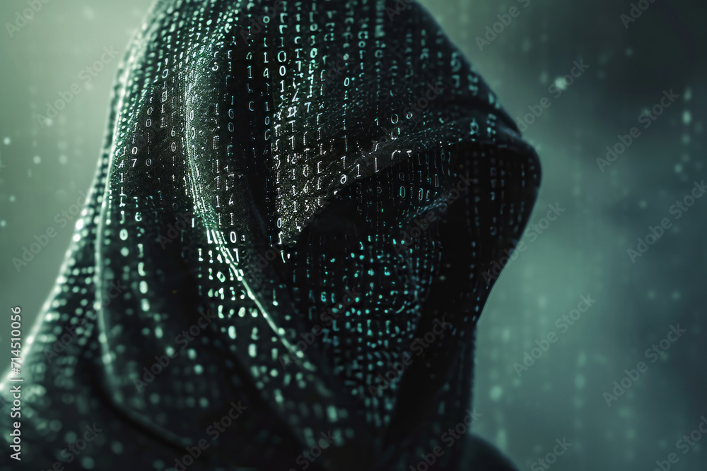 Poster a hooded figure with a digital code covered face, evoking themes of cybersecurity and anonymity.