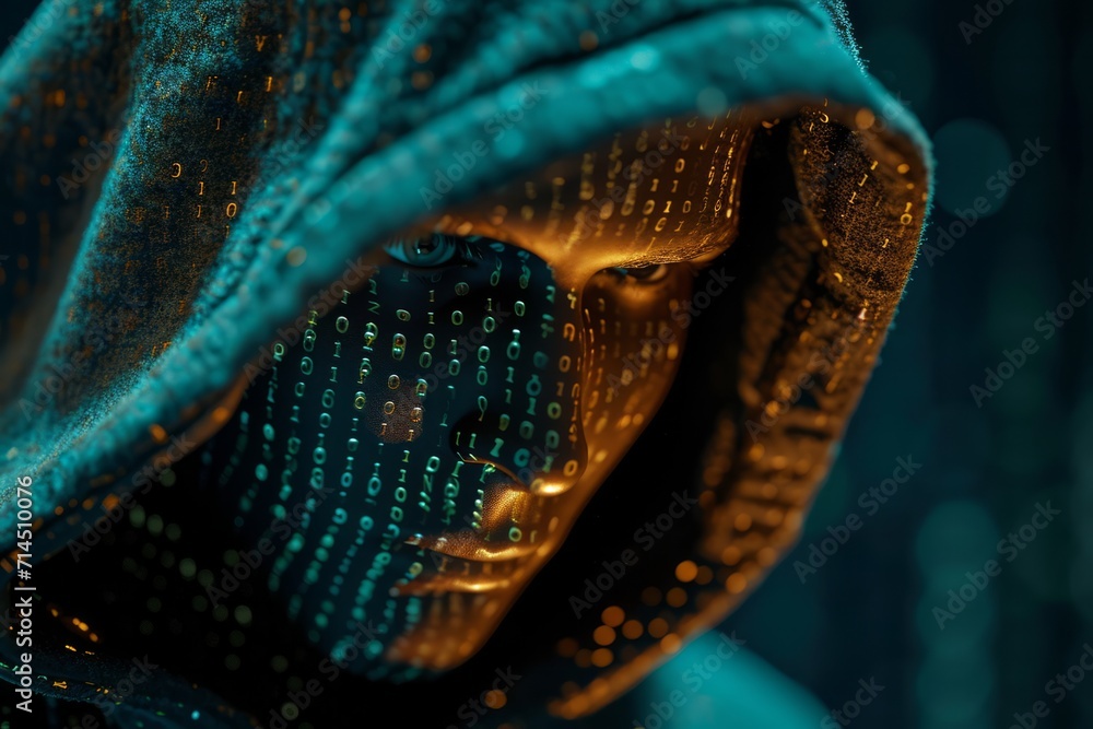 Poster a hooded figure with a digital code covered face, evoking themes of cybersecurity and anonymity.