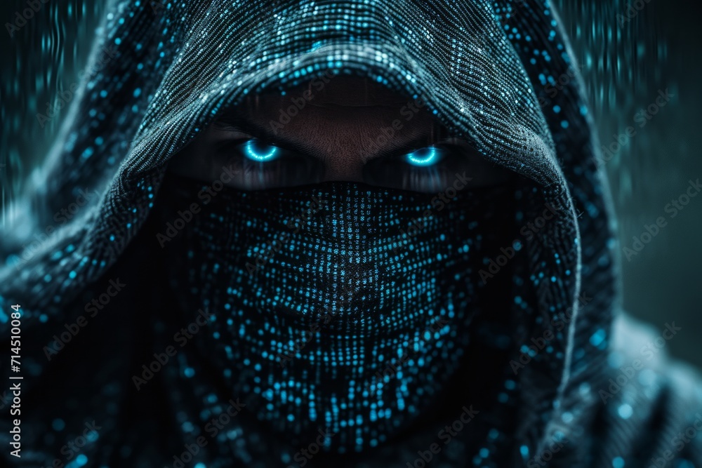 Poster a hooded figure with a digital code covered face, evoking themes of cybersecurity and anonymity.