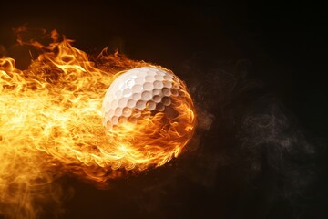 A golf ball on fire against a black background, symbolizing speed, power, or a dynamic action in sports. - obrazy, fototapety, plakaty