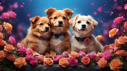 puppy family and flowers, domestic dog family