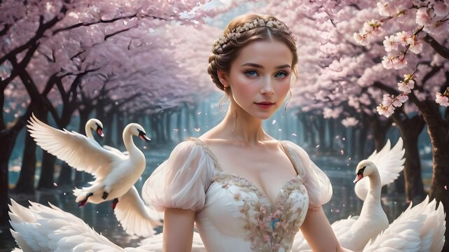 ballerina in white dress with swan , fantasy photo