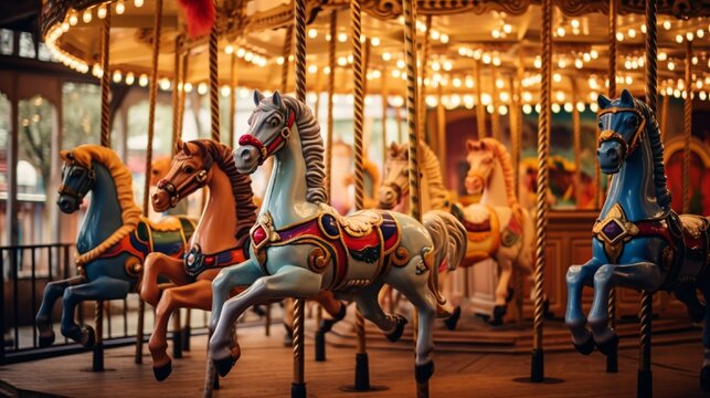 A whimsical carousel at rest, the painted horses waiting for the next round of laughter and joy.
