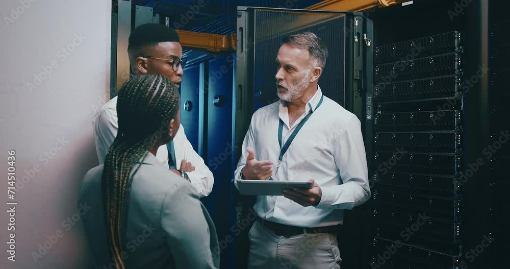 Poster Technician, manager and tablet in server room for programming, engineering and cloud computing solution. Senior boss, people and group in data center with digital technology for system gdpr training