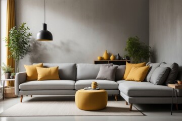 Scandinavian Interior home design of modern living room with gray sofa and yellow pillows on the gray concrete wall near the window