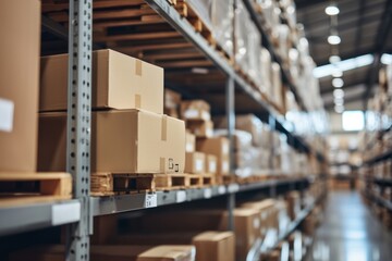 Cardboard boxes on shelves in a warehouse, focus on foreground with blurred background.