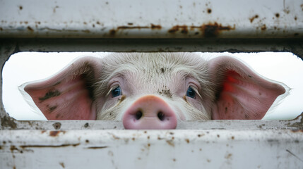 sad pig looking through gap in steel gate