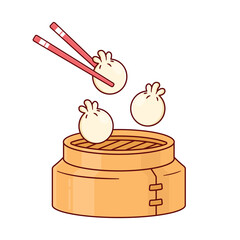 Illustration vector of Dimsum on the steamer chinese food illustration Cute Cartoon Design style isolated white background