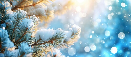 Sunny winter backdrop with snow-covered pine branches.