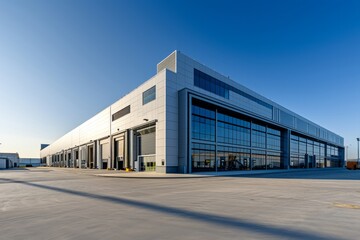 A modern industrial warehouse exterior with a wide angle view under a clear sky.
