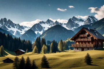 Fototapeta na wymiar Picturesque Alpine Landscape with Majestic Mountains, Lush Green Fields, and a Traditional Wooden Chalet Under a Clear Blue Sky