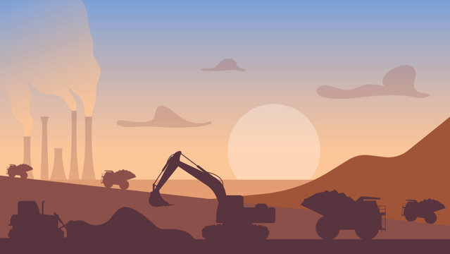 Quarry landscape. Quarry heavy vehicles. Mine production, stone quarrying process. Vector illustration.