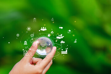  Hand Holding Globe with Environment icon to technology Organization Sustainable Development...