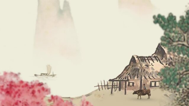 animation of ancient boy sitting on cow walking by cottage on riverside in spring
