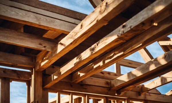 L'intérieur d'une charpente de maison en bois en construction.