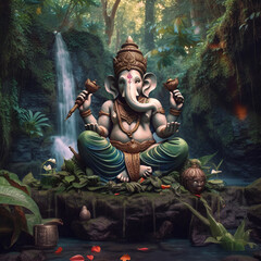 The green version of lord ganesha meditating in the forest ai generated