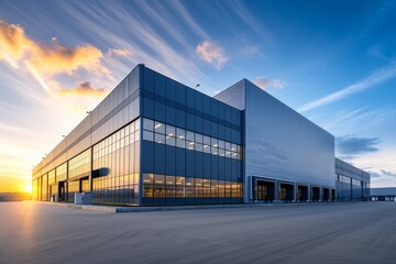 Fototapeta na wymiar A modern industrial warehouse exterior with a wide angle view under a clear sky.