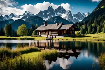 Fototapeta na wymiar Picturesque Log Cabin by a Tranquil Lake with Lush Greenery and Majestic Snow-Capped Mountains in the Background