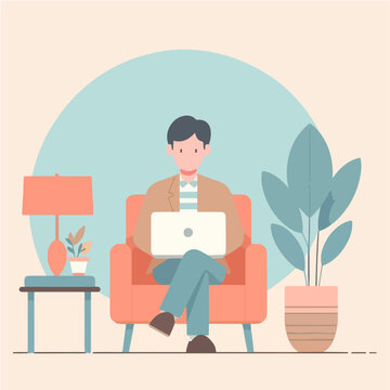 vector character of a man is sitting working while carrying a laptop minimalist flat design style
