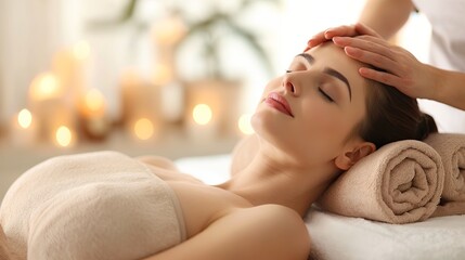 Obraz na płótnie Canvas Young beautiful woman enjoying massage in spa salon