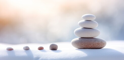 pebbles stacked on a snow covered field