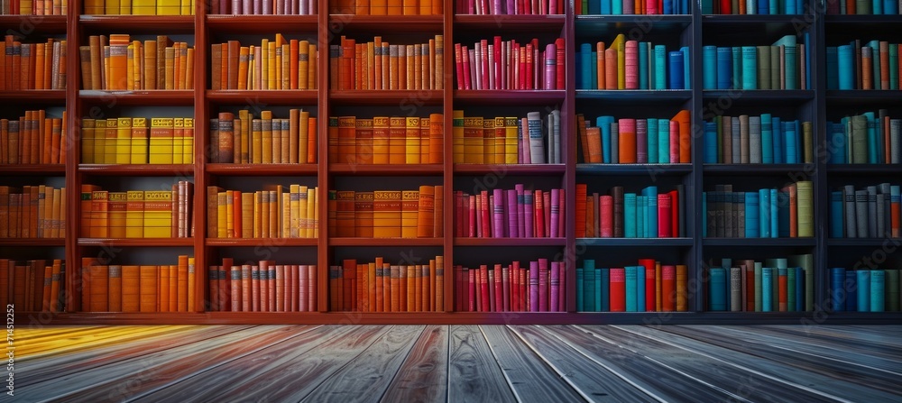 Poster library with many colorful books in front of bookshelves