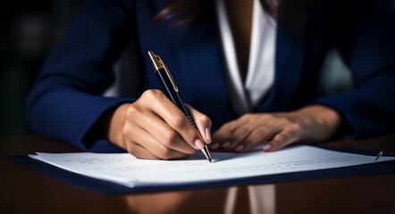 young professional woman signing document at table - obrazy, fototapety, plakaty