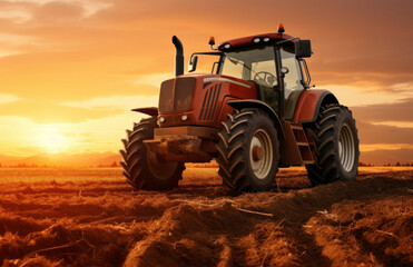 tractor in a field at sunset