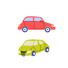Car collection. Auto side view. Red and green automobile. Vector illustration in flat style. Vector illustration