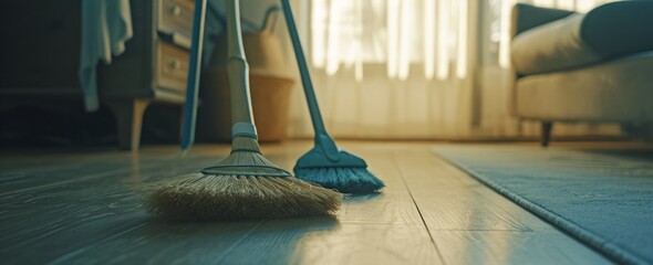 two cleaning brooms in a living room - obrazy, fototapety, plakaty