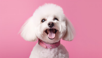 Cute white dog with collar on pink