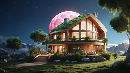 Illustration landscape of a eco-friendly house on a land and the moon behind it