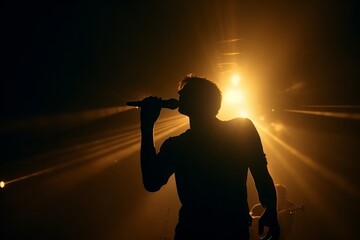 the singer sings while on stage with spotlights shining on him - obrazy, fototapety, plakaty